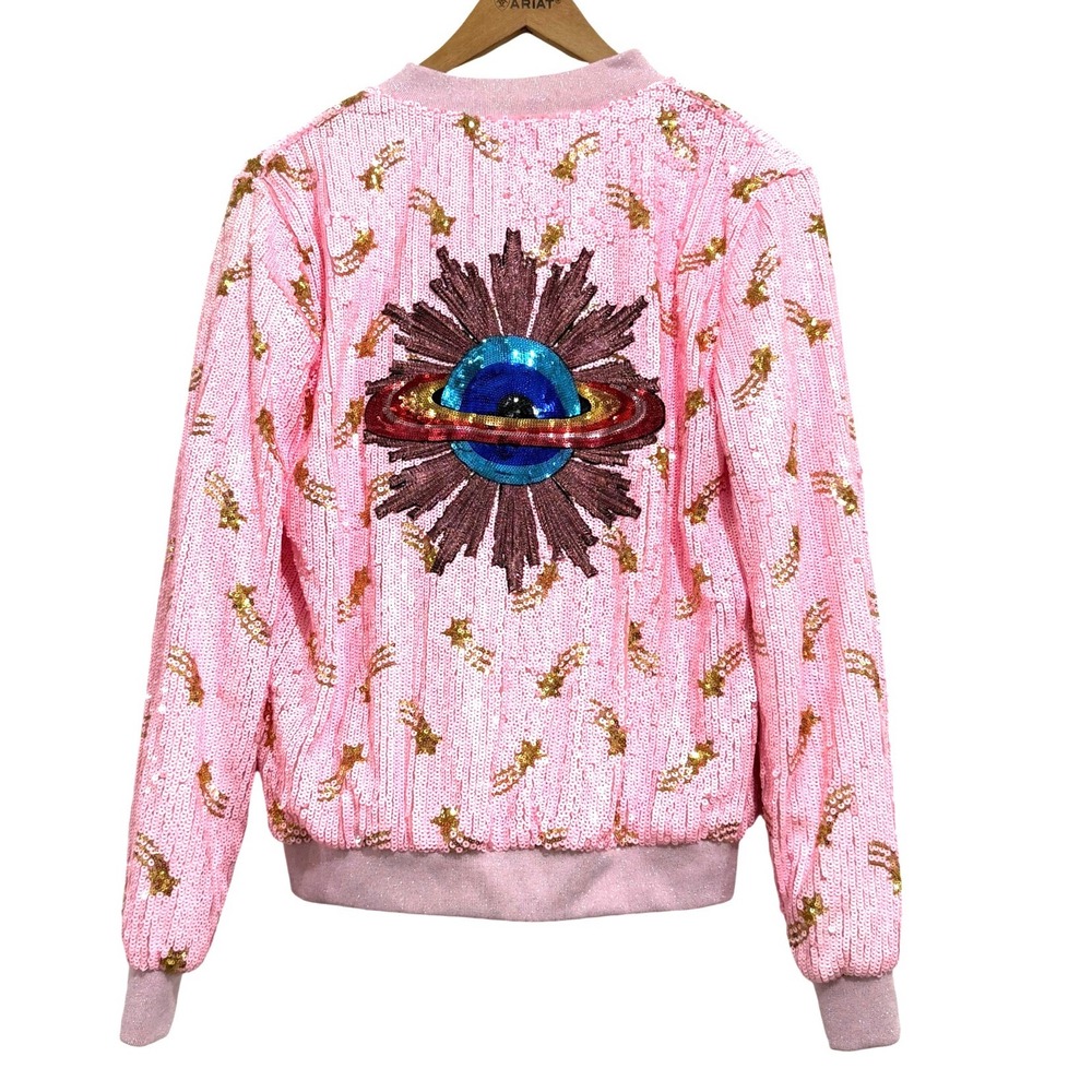 Lola + The Boys Pink Sequin Galaxy Star Bomber Celestial Size Medium Festival - Picture 2 of 5